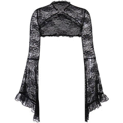 Lace Mall Gothic See Through Shrug Tops Grunge Aesthetic Black Flare Sleeve Crop Top Women Vintage Punk Sexy Clothing