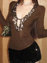 Solid V-Neck Sequin Women's Long Sleeve Tops Y2k Slim Fit Chic Design Fashion Trendy Clothes