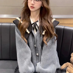 Y2k Aesthetic Punk Spliced Elegant Pearl Appliques Cardigan Preppy Style Casual Lazy Pullovers Harajuku Tiered Girl Skirts