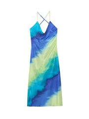 Women Fashion Sexy Backless Contrast Printing Sling Maxi Dress Chic V-neck Sleeveless Dresses Female Elegant Beach Party Vestido