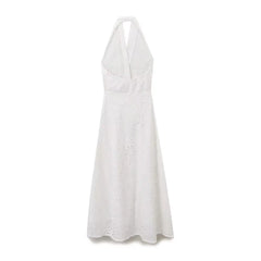 Hollow Out Embroidery Long Dress 2025 New Summer Sleeveless Halter Neck Vacation Beach Women Dress Fashion Backless White Dress