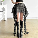 Vintage Fashion Women's Irregular Plaid Ribbon Design Skirts Summer Trendy High Waist A-line Mini Skirt Female