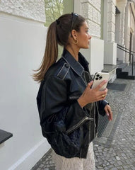 Women Elegant Solid Zipper Bomber Jacket Fashion Lapel Long Sleeve Elastic Waist Leather Autumn Female Chic High Streetwear