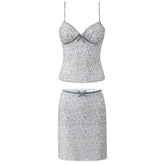 Leopard Print Bow Sexy Crop Top And Short Skirt Fashion Summer Outfits 2025 New Velvet Pathwork Camisole +skirt Two Piece Set