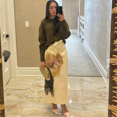 Fashion Flower Print Elegant Chic Women Skirt Zipper Straight Slit Summer Skirt Lady 2025 New Beige Fashion Woman Clothing
