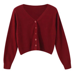 Women's Long Sleeve Cropped Cardigan V Neck Button Down Sweater Jacket Single Breasted Plain Fitted Knit Cardigan Basic Outfit