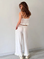 100% Cotton Ruffle Camisole And Loose Long Trouser Two Piece Set 2025 New Casual Summer Women Sets Homewear Sleepwear Pajamas