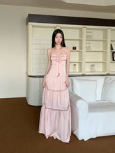 Pink Satin Backless Maxi Dress For Woman Shirring Beading A Line Long Tube Dress 2025 Summer Vacation Clothes