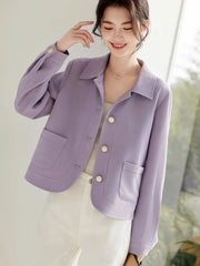 Elegant Slim Purple Jacket Women Sweet Long Sleeve Small Fragrance Coat Casual Fall Winter Lady French Pockets Fashion Tops