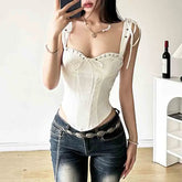 Women Vintage Corset Tank Tops Casual Drawstring Bow Sleeveless Shirt Basic Vest Y2k Aesthetic Crop Tops Clothes for Streetwear
