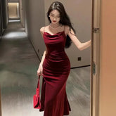 Pbong French Velvet Strapless Long Dress Women Summer Sexy Tight Fish Tail Gown Slit Bodycon Dress Sleeveless Elegant Evening Gown