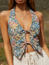 Women Vintage Floral Tie Front Floral Print Halter Neck Tank Top Y2k Sleeveless Backless 00s Retro Aesthetic Top Streetwear