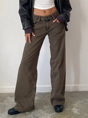 Women Jeans Low Waist Solid Color Wide Leg Straight Trousers with Pockets for Daily Streetwear Fashion Denim Pants
