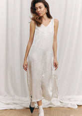 2025 New Bandage Sleeveless Satin Long Dress Solid Color Simple Casual Loose White Pajamas Summer Homewear Sleepwear Dresses