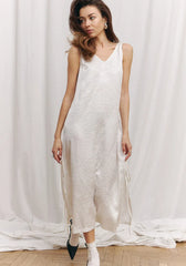 2025 New Bandage Sleeveless Satin Long Dress Solid Color Simple Casual Loose White Pajamas Summer Homewear Sleepwear Dresses