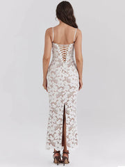Floral Embroidery Sexy Maxi Dress For Women Fashion Spaghetti Strap Sleeveless Backless Lace-up Club Party Long Dress