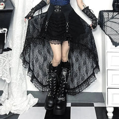 Y2K Black Floral Lace Mesh A-Line Long Skirts Goth Vintage Aesthetic Cocktail Party Skirt Women New Fashion Streetwear