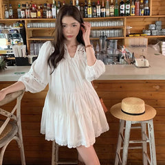 Lantern Sleeve White Vacation Short Dress A-line Loose Fashion Summer Dress Cotton Blend Hollow Out Embroidery Dresses 2025 New
