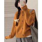 Women's Knit Cardigan Sweater Button-up Stand Collare Soft Woolen Pointelle Sweater Jacket Coat Korean Autumn Winter Outfit
