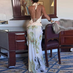 New Sexy Backless Halter Tops&Slim Printed Long Skirts Suit Elegant Swinging Collar Sleeveless Tops Half Skirt 2 Piece Set Women