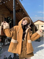 Y2K Streetwear Faux Lamb Suede Jacket Women Vintage Winter Long Sleeve Hooded Coat American Retro Loose Lady Pockets Warm Tops