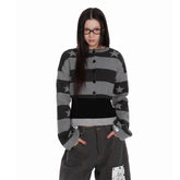 Deeptown Vintage Striped Knitted Cardigan Women Harajuku Y2k Crop Tops American Retro Gothic Streetwear Cardigan Aesthetics