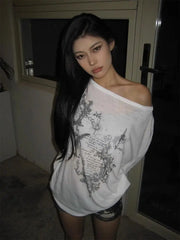 Korean Fashion Graphic Tees Women Transparent Vintage Gothic T Shirt Long Sleeve Loose Punk T-shirt Streetwear Tops