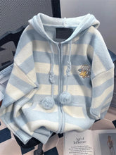 Cartoon Striped Hooded Cardigan Women Loose Cute Long Sleeve Sweet Knitted Sweater Preppy Style Female Kawaii Vintage Tops