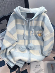 Cartoon Striped Hooded Cardigan Women Loose Cute Long Sleeve Sweet Knitted Sweater Preppy Style Female Kawaii Vintage Tops
