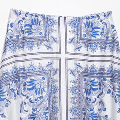 Women's Fashion Retro Vacation Style Blue Flower Printed High Waisted Skirt Boho Women Summer Skirt 2025 New Female Clothing