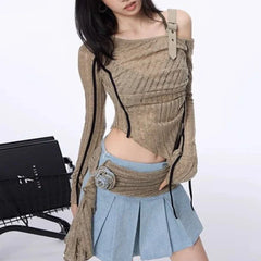 2000s Aesthetic Vintage T-shirts Women Sexy Y2k Punk Gyaru Long Sleeve Crop Streetwear Asymmetrical Top Slash Neck Tee