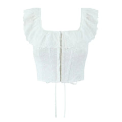 Lace Ruffles Corset Short Vest Women Backless Off Shoulder Cropped Tops 2025 Summer Fishbone Party Club Slim White Tops Clothes