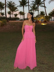 Women Pink Pleated Puff Hem Maxi Dress Sexy Backless Sleeveless Strapless High Waist Long Dresses Elegant Evening Party Robes