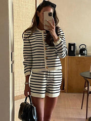 Striped Knit 2 Piece-Set Shorts Women Fashion Zebra Printed Cardigan And High Waist Patchwork Shorts Sets Knitwear Outfits