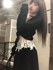 Gothic Harajuku Patchwork Lace V Neck Long Sleeve Tops Slim Fit Temperament Mermaid Long Skirts Y2k Vintage Girl Two Piece Sets