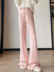 Ruffles Knitted Flare Pant Women High Waist Fashion Loose Fall Winter Trousers Korean Chic Elegant Lady Sweet Solid Pants