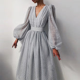 Pbong mid size graduation outfit romantic style teen swag clean girl ideas 90s latina aestheticSashes Transparent Sexy Polka Dot Dress Chiffon Women Deep V Neck Vintage Mesh Organza Elegant Summer Female Casual Long Clothes