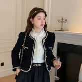 Vintage Jackets Women Korean Elegant Single Breasted Cropped Coat Tweed Long Sleeve Casual Short Harajuku Outwear