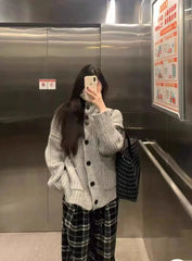 Slouchy Knit Cardigan for Women Rib-knit Pockets Front High Neck Button Up Sweater Jacket Coat Female Autumn Winter Basic Outfit