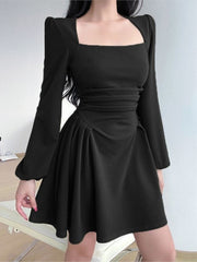 Korean Style Spring A-Line Dress For Women Square Collar Puff Sleeve Mini Dresses Casual Elegant Ladies Robe