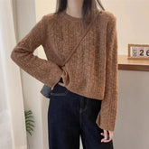 Cable Knit Crop Sweater for Women Long Sleeve Crew Neck Pullover Boxy-fit Plain Jumper Teen-girl Fall Winter Y2K Outfit