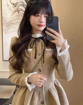 Elegant Women Dresses Ruffled Collar Puff Sleeve Single Breasted Vestidos Femme Temperament Korean A-line Sweet Pleated Dress