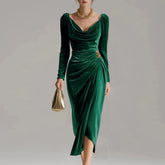 Pbong Autumn Winter Women's Velvet Long Sleeved Dress Square Neck High Waisted A-line Banquet Dress Elegant Temperament Draped Dress