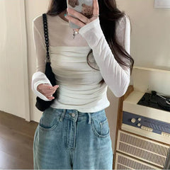 Y2K Long Sleeve Mesh Women T Shirt Spring Fashion Sexy O Neck Slim Female Tops Korean Chic Folds Cropped Bottoming Tees New