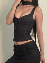 Casual Solid Crop Tops With Scarf Slim Square Collar Sleeveless Tank Tops Women 2025 Summer Fashion Streetwear Ladies