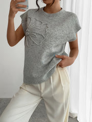 Elegant 3D floral pattern round neck knitted sweater vest for women's clothing