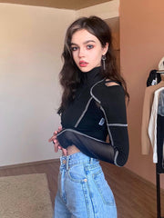 Goth Dark Grunge Black Buckle Y2K T-shirts Women Punk Sexy Open Shoulder Skinny Crop Tops Moto Biker Patchwork Blouses