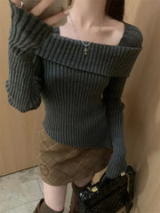 Off Shoulder Sweater Long Sleeve Ribbed Knit Sweater Fitted Pullovers Women Off-the-Shoulder Jumper Autumn Winter Outfit