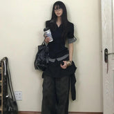 High End Luxury French Fake Two Piece Pullover Harajuku Punk Spliced Color Design Women Shirts Slim Fit Y2k Aesthetic Tops