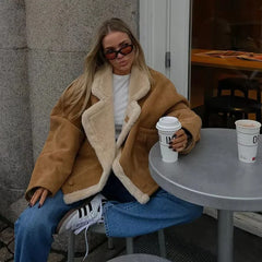 French Vintage Lamb Wool Women Coat Patchwork Full Sleeve Lapel Parka Coat Loose Winter Warm Jacket Thicken Pocket Lady Overcoat